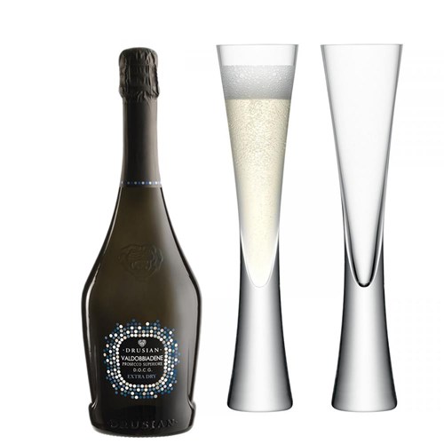 Drusian Valdobbiadene Prosecco Superiore D.O.C.G. Extra Dry 75cl with LSA Moya Flutes